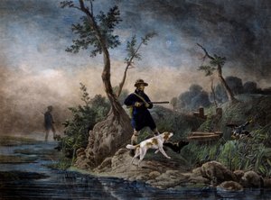Bataklıkta ördek avı, Horace Vernet (1789-1863) tarafından acıya dayalı gravür by Emile Jean Horace Vernet