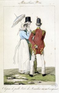 Horace vernet (1789 - 1863) tarafından 1810 civarında yapılan ve feminen modayı (hasır şapka ve şifon elbise) ve erkeksi temsil eden bir “Muhteşem”in 25 sayısı için yapılan moda gravürü. by Emile Jean Horace Vernet