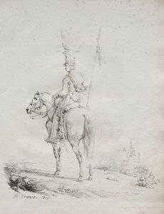 Litografik denemeler koleksiyonu: Le Lancier en Vedette, 1816. by Emile Jean Horace Vernet