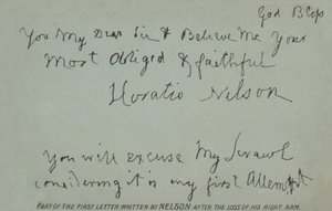 Sağ kolunu kaybettikten sonra Nelson tarafından yazılan ilk mektubun bir kısmı by Horatio Nelson