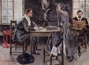 Henry Wadsworth Longfellow'un yazdığı The Courtship of Miles Standish için İllüstrasyon (renkli lito)