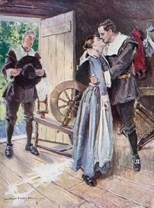 Henry Wadsworth Longfellow'un yazdığı The Courtship of Miles Standish için İllüstrasyon (renkli lito)