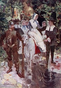 The Courtship of Miles Standish için İllüstrasyon, Henry Wadsworth Longfellow (renkli lito)