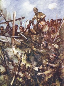 Davulcu Walter Ritchie, ağır makineli tüfek ateşi ve bomba saldırıları altında hücumu seslendirmek için düşman korkuluğu üzerinde duruyor, Beaumont Hamel, Fransa, 1 Temmuz 1916
