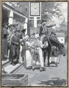 Rüzgar Gülünün İşaretinde Duruyor, şiir için bir çizim çiziyor by Howard Pyle