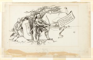 Uyum Sağlayan Durum için Örnekleme, II; Yayına uzun bir ok yerleştirdi ve onu doğrudan en önde gelen süvariden gönderdi. by Howard Pyle