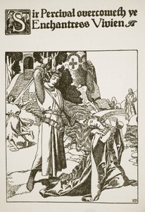 Sir Percival, büyücü Vivien'i yendi, 'Yuvarlak Masa Şampiyonlarının Hikayesi'nden bir örnek by Howard Pyle