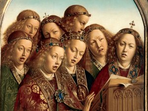 Ghent Altarpiece'in sol kanadından Şarkı Söyleyen Melekler'in detayı