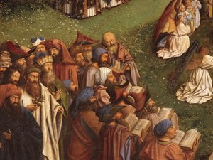 Ghent Altarpiece'in orta panelinden Mistik Kuzu Tapınmasının Detayı (panel üzeri yağlı boya) by Hubert & Jan van (1390 1441) Eyck