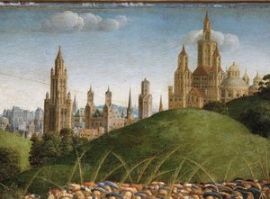 Ghent Altarpiece'in orta panelinden Mistik Kuzu Tapınması'nın detayı (panel üzeri yağlı boya)
