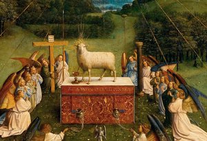 Ghent Altarpiece'den Mistik Kuzunun Tapınması, orta panelin alt yarısının detayı