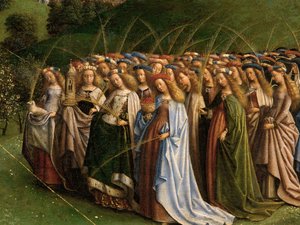Ghent Altarpiece'den Mistik Kuzunun Tapınması, orta panelin alt yarısının detayı