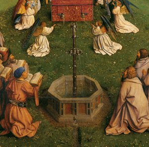 Ghent Altarpiece'den Mistik Kuzunun Tapınması, orta panelin alt yarısının detayı