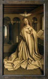 Melek Cebrail, Mesajı Maria'ya iletir, Ghent Altarpiece'den detay, kapalı (panel üzerinde yağlı boya)