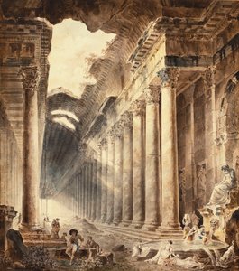 Sütunlu Termal Bina, Çatısı Kısmen Göğe Açık, Kızların Bir Heykelin Altındaki Çeşmede Çamaşır Yıktığı, by Hubert Robert