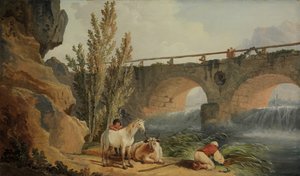 Cascade üzerinde köprü. by Hubert Robert