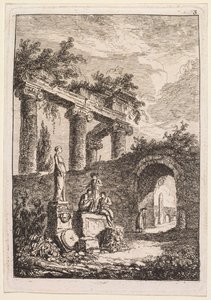 Roma'da Akşamları: Harabelerin Önündeki Heykel by Hubert Robert