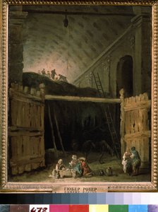 Bazilikadaki saman ahırı. Hubert Robert (1733-1808), tuval üzerine yağlıboya, yaklaşık 1790, Fransız sanatı. Devlet A. Puşkin Güzel Sanatlar Müzesi, Moskova. by Hubert Robert