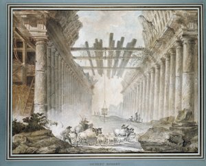 Bir çizim tapınağının harabelerinde sürü (tuval üzerine yağlı boya) by Hubert Robert