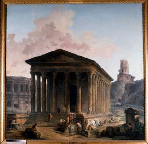 Hubert Robert tarafından Nimes Tablosunda kare ev, boğa güreşi arenası ve Magne kulesi by Hubert Robert