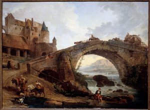 Hubert Robert (1733-1808) 1776 Sun tarafından Köprü Resmi ile Manzara. 0,76x1,04 m Montpellier müzesi Fabre by Hubert Robert