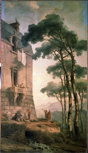 Müzisyenler. Müzisyenlerden ve bir ayı eğitmeninden oluşan bir sanatçı topluluğu, orta sınıf bir evin balkonunun altında arama yapıyor. Hubert Robert (1733-1808), tuval üzerine yağlı boya, Fransız sanatı. Devlet Açık Hava Müzesi Peterhof, Saint Petersburg by Hubert Robert