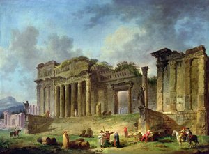 Klasik bir tapınağın kalıntılarını çizen adam (tuval üzerine yağlı boya) by Hubert Robert