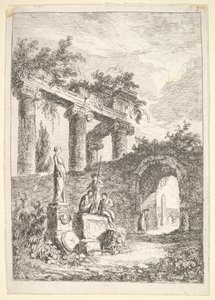 Levha 3: Harabelerden Önce Heykel: bir duvarda üç figürün yanında solda bir heykel..., yakl. 1763-64. by Hubert Robert