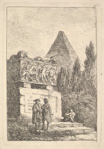 Levha 6: Lahit: sola doğru sohbet eden iki adam, oturan ve uyuyan başka bir adam..., yakl. 1763-64. by Hubert Robert