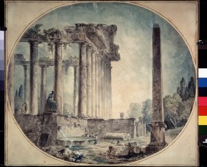 ""Antik Harabeler ve Dikilitaş"" Hubert Robert (1733-1808) tarafından Suluboya 1776 Devlet A. Puşkin Güzel Sanatlar Müzesi, Moskova, Rusya by Hubert Robert