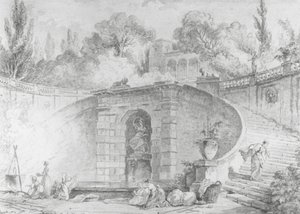 The Large Staircase, 1761-1765 (kalem ve siyah mürekkep, fırça ve gri yıkama ve siyah tebeşir üzerine sulu boya, kirli beyaz serilmiş kağıt üzerine alttan çizim, filigranlı) by Hubert Robert