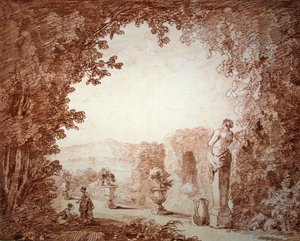 Heykelli bir bahçe manzarası (kağıt üzerinde kırmızı tebeşir) by Hubert Robert