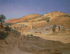 Araplar ve harap bir tapınak ile tepelik bir manzara by Hubert Sattler