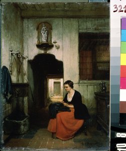 ""La brodeuse"" (Nakışlı kadın) Belçikalı bir iç mekanda dikiş işi yapan genç bir kadın. Tablo Hubertus van Hove (1814-1865) 1860 Mikhail Kroshitsky Sanat Müzesi, Sivastopol (Sivastopol) Ukrayna