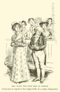 Bayan Elton İlk Olarak Kilisede Görüldü, Kaba bir din adamının kaba geliniyle ilgili merak (gravür) by Hugh Thomson