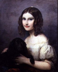 Evcil köpeği olan genç bir kızın portresi by Hugues Merle
