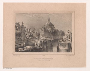 Gezicht op de Stromarkt, het Singel en de Lutherse kerk Lutheran Kilisesi. Kanalda çekilen görüntü (Singel olarak bilinir) (nesne üzerindeki başlık) Amsterdam Hatırası H. van Hove Bz. (dizi adı)