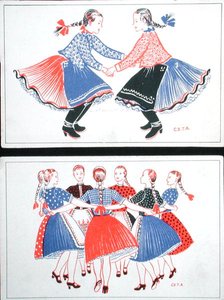 Geleneksel Macar danslarını betimleyen kartpostallar, c.1947-8 (renkli taş) by Hungarian School
