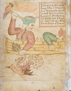 Midgard Yılanını Yakalayan Thor, 'Melsted's Edda'dan (kalem ve mürekkep ve kağıt üzerine sulu boya) by Icelandic School