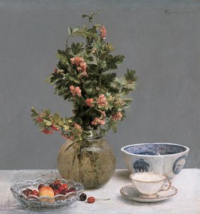 Alıç Vazo, Kiraz Kase, Japon Kase ve Kupa ve Tabak ile Natürmort by Ignace Henri Jean Fantin Latour
