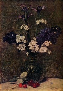 Masada Kiraz ve Badem ile çiçek vazosu, Doğa morte, Süsenler, Delphinium melezleri bir by Ignace Henri Jean Fantin Latour