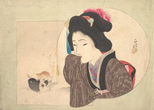 Baskı [kadın ve köpek yavruları], 19. yüzyılın ortaları. by Ikeda Eisen