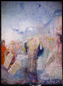 Musa ve On Emir. Arkasında, Altın Buzağı. Yuri İlyiç Repin (Youri Repin) (1877-1954), tuval üzerine yağlı boya, 1930 dolayları. Rus sanatı, 20. yüzyıl, modern sanat. I. Repin Memorial Museum Penates, Saint Petersburg. by Ilya Efimovich Repin