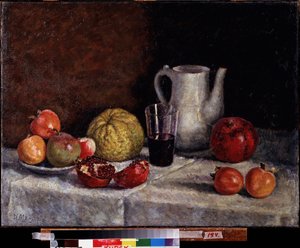 Nar ile natürmort. Resim Ilya Ivanovich Mashkov (Ilia Mashkov, Matchkov) (1881-1944), tuval üzerine yağlıboya, 1930 sonu. 20. yüzyıl Rus sanatı, Sovyet sanatı. Bölgesel A. Deineka Sanat Galerisi, Kursk (Rusya).