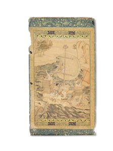 Bir Deniz Canavarı Tarafından Saldırıya Uğrayan Bir Karavel, Babür Hindistan, c.1590 (kağıt üzerinde altın ve gümüşle zenginleştirilmiş opak pigmentler) by Indian School
