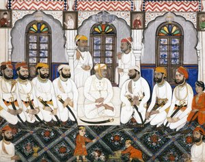 Durbar'da ibadet için giyinmiş bir Jaipur raja, c.1845 (kağıt üzerinde opak wc ve altın) by Indian School