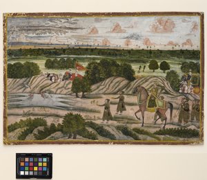 Bir Nawab ve hizmetlileri bir av gezisinde, c.1780 (kağıt üzerinde opak suluboya ve altın) by Indian School