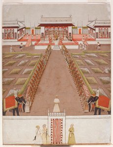 Bir köşk içinde, hizmetlilerin ve iki filin bulunduğu bir caddenin ötesinde bir Nawab tutma alanı, c.1765 (kağıt üzerinde opak wc ve altın) by Indian School