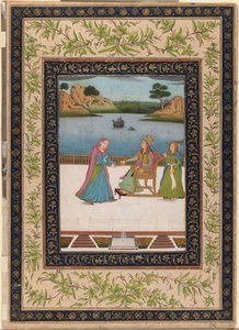 Bir Kadına Terasta Meyve Sunulur, c.1770 (opak wc, kağıt üzerinde altın ve gümüş) by Indian School