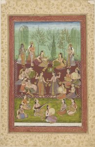Bir bahçede müzik ve dansla eğlenen bir grup kadın (kağıt üzerinde renkli ve altın rengi) by Indian School